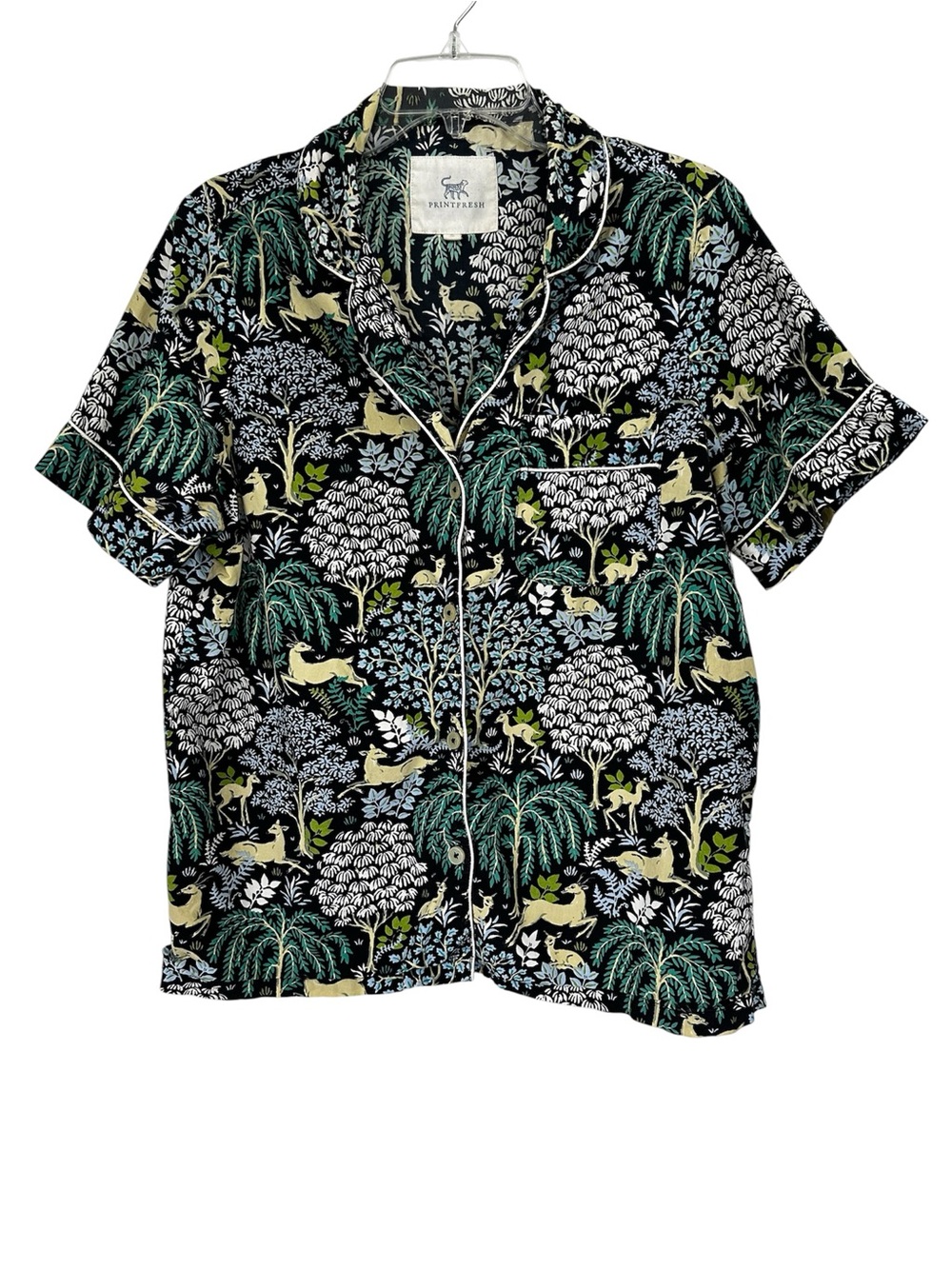 Printfresh Dashing Deer Print Navy Blue 100% Organic Cotton Pajama Top Medium